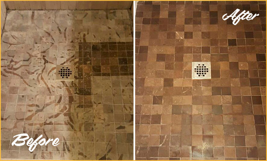 Before and After Picture of a Stained Blades Marble Shower Floor Cleaned to Remove Etching