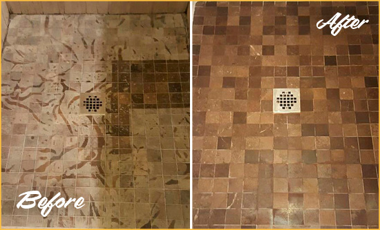 Before and After Picture of a Stained Millville Marble Shower Floor Cleaned to Remove Etching