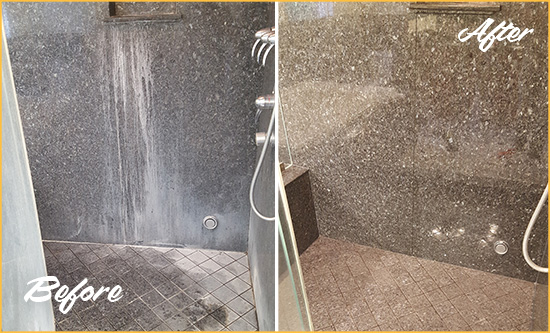 Before and After Picture of a Blades Granite Shower Cleaned to Remove Mineral Deposits