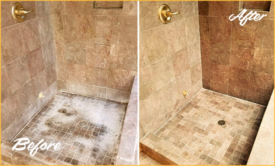 Before and After Picture of a Millsboro Travertine Shower Cleaned to Eliminate Water Spots