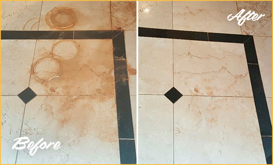 Before and After Picture of a Farmington Marble Floor Cleaned to Eliminate Rust Stains