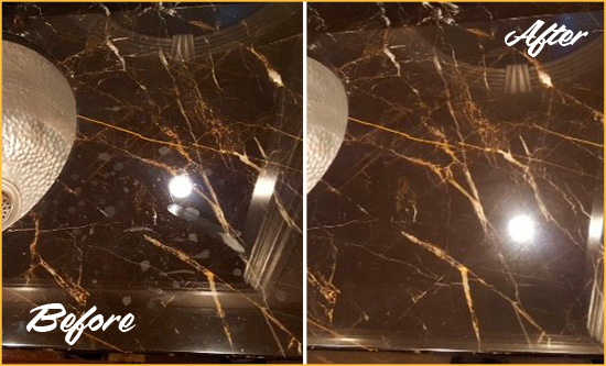 Before and After Picture of a Harbeson Marble Countertop Cleaned to Remove Water Spots