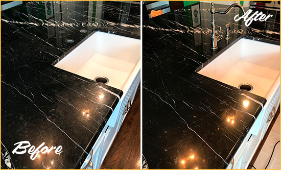 Before and After Picture of a Seaford Marble Kitchen Countertop Stone Sealed to Avoid Water Damage