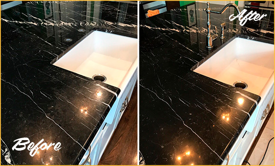 Before and After Picture of a Dagsboro Marble Kitchen Countertop Stone Sealed to Avoid Water Damage