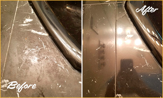 Before and After Picture of a Long Neck Marble Tub Stone Sealed to Remove Stains