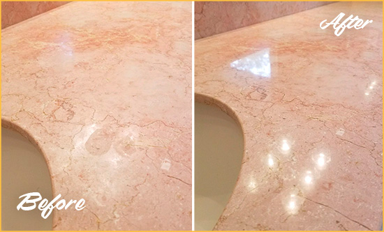 Before and After Picture of a Laurel Marble Stone Vanity Top Sealed to Avoid Water Marks