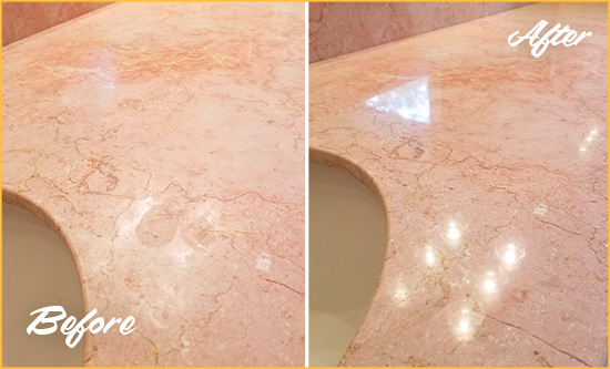 Before and After Picture of a Lewes Marble Stone Vanity Top Sealed to Avoid Water Marks