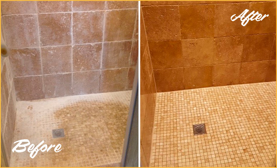 Before and After Picture of a Lewes Travertine Shower Honed to Remove Mineral Deposits