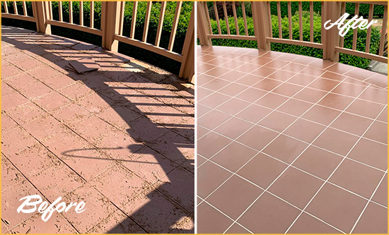 Before and After Picture of a Bethany Beach Hard Surface Restoration Service on a Tiled Deck