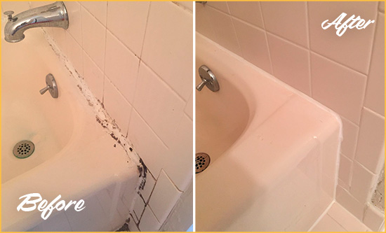 Before and After Picture of a Harrington Hard Surface Restoration Service on a Tile Shower to Repair Damaged Caulking