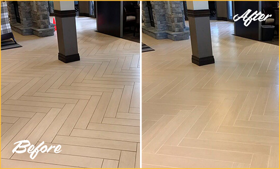 Before and After Picture of a Blades Hard Surface Restoration Service on an Office Lobby Tile Floor to Remove Embedded Dirt