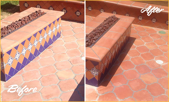 Before and After Picture of a Long Neck Hard Surface Restoration Service on a Dull Terracotta Patio Floor to Recover Its Color