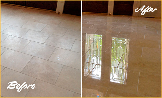 Before and After Picture of a Greenwood Hard Surface Restoration Service on a Dull Travertine Floor Polished to Recover Its Splendor