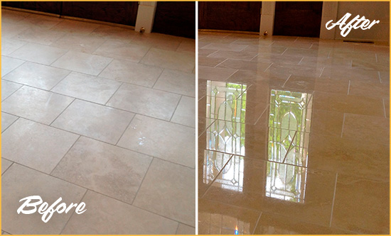 Before and After Picture of a Delmar Hard Surface Restoration Service on a Dull Travertine Floor Polished to Recover Its Splendor