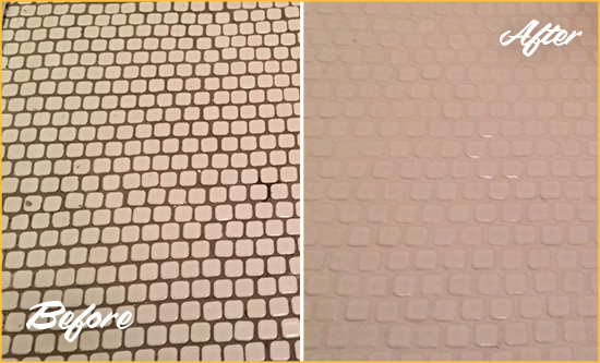 Before and After Picture of a Harrington Hard Surface Restoration Service on a Bathroom Tile Floor Recolored to Fix Grout Color