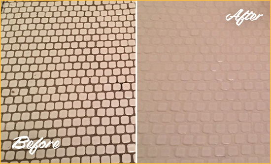 Before and After Picture of a Henlopen Acres Mosaic Tile floor Grout Cleaned to Remove Dirt