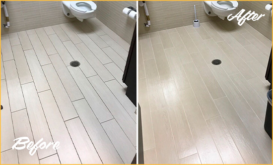 Before and After Picture of a Harrington Office Restroom's Grout Cleaned to Remove Dirt