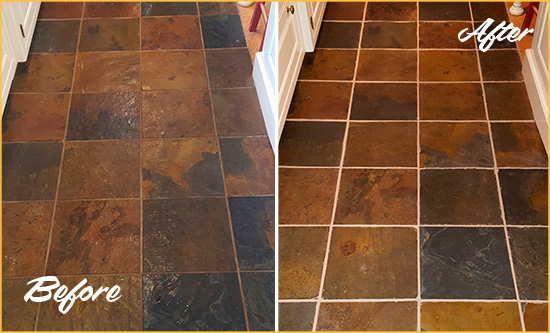 Before and After Picture of Bowers Slate Floor Grout Cleaned to Remove Dirt