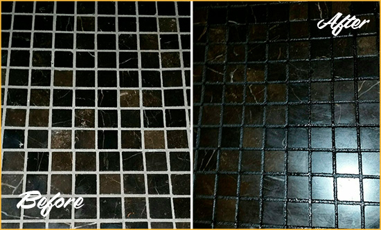 Before and After Picture of a Dewey Beach Black Floor with Recolored Grout