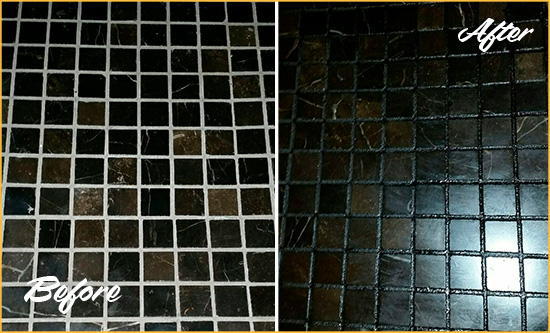 Before and After Picture of a Nassau Black Floor with Recolored Grout