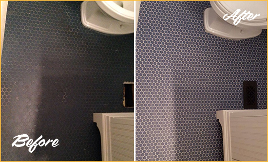 Before and After Picture of a Ocean View Blue Tile Floor Recolored Grout
