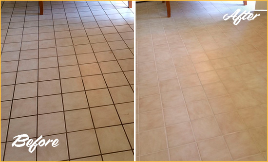 Before and After Picture of a Blades Kitchen Tile Floor with Recolored Grout