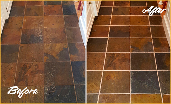 Before and After Picture of a Frederica Slate Floor Recolored Grout