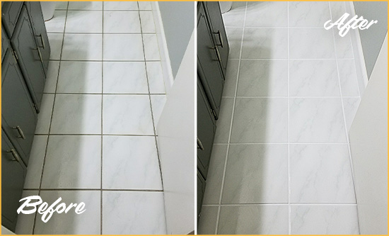 Before and After Picture of a Felton White Ceramic Tile with Recolored Grout