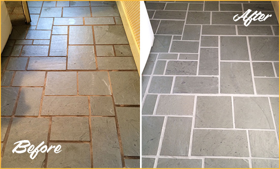 Before and After Picture of Damaged Greenwood Slate Floor with Sealed Grout