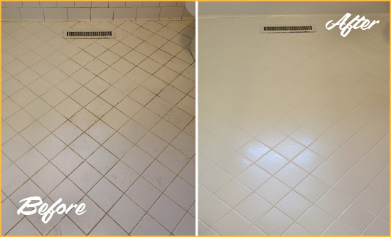 Before and After Picture of a Blades White Bathroom Floor Grout Sealed for Extra Protection