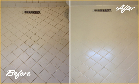 Before and After Picture of a Dover White Bathroom Floor Grout Sealed for Extra Protection