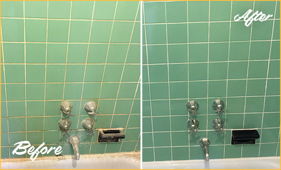 Before and After Picture of a Dover Bath Tub Grout Sealed to Avoid Water Damage