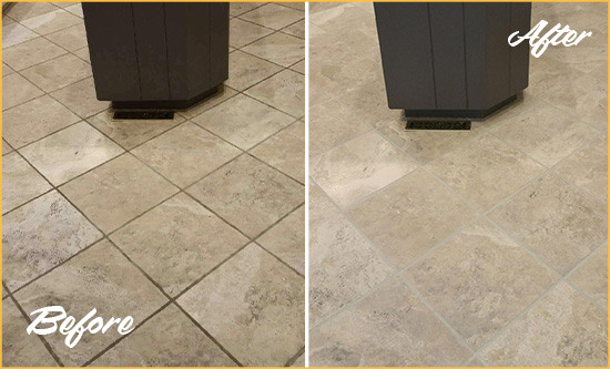 Before and After Picture of a Blades Kitchen Floor Grout Sealed to Remove Stains