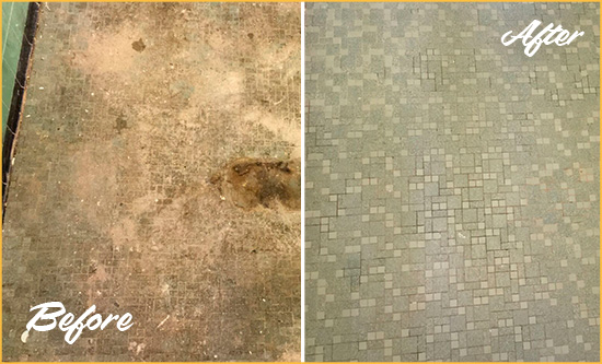 Before and After Picture of a Ocean View Mosaic Shower Cleaned to Eliminate Embedded Dirt