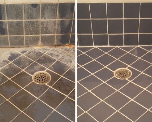 Shower Floor and Wall Before and After a Tile Cleaning in Millsboro