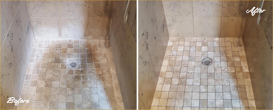 Shower Before and After a Remarkable Stone Cleaning in Bethany Beach, DE