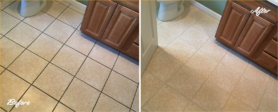 Bathroom Floor Before and After a Grout Sealing in Greenwood