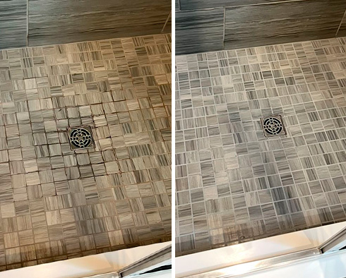 Shower Floor Before and After a Grout Sealing in Dover