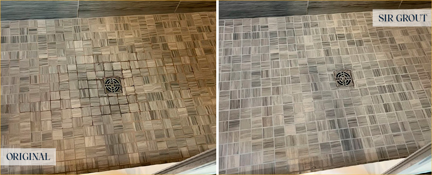 Shower Floor Before and After a Grout Sealing in Dover