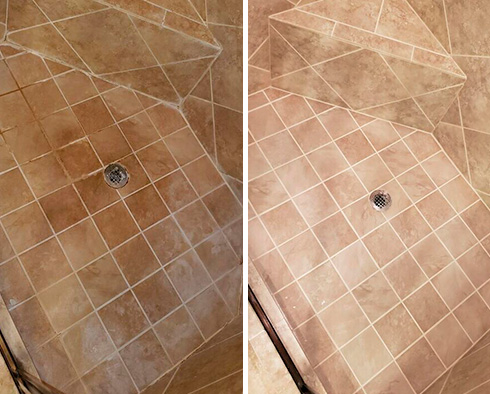 Travertine Shower Before and After a Stone Cleaning in Farmington