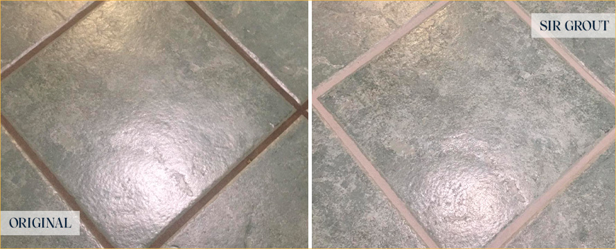 Close-up of Tile Floor Before and After a Grout Sealing in Frankford