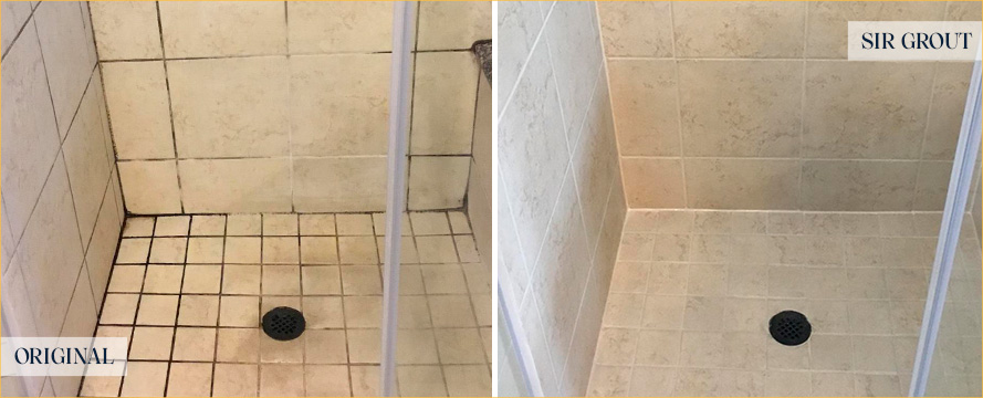 Shower Stall Before and After a Tile Cleaning in Blades