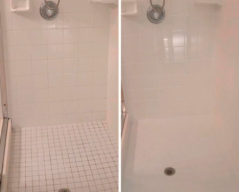 Shower Stall Before and After a Service from Our Tile and Grout Cleaners in Milford