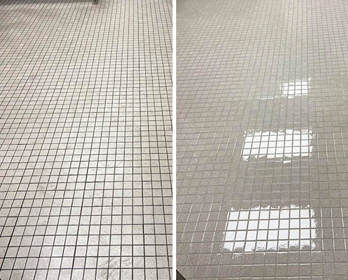 Restroom Floor Before and After a Service from Our Tile and Grout Cleaners in Dover