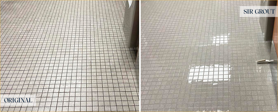 Restroom Floor Before and After a Service from Our Tile and Grout Cleaners in Dover